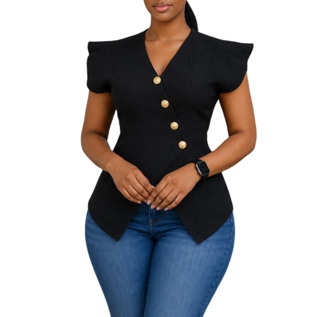 Blouse pour femmes à col en V avec manches à volants