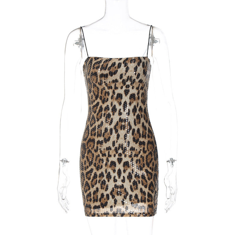 Robe moulante à sequins imprimé léopard
