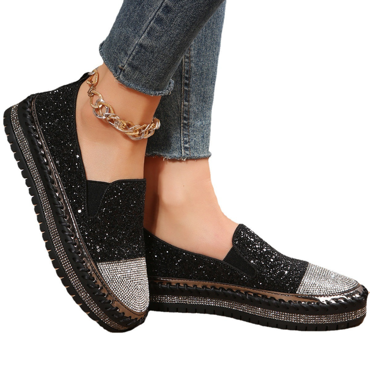 Mocassins décontractés pour femmes avec strass et semelle épaisse