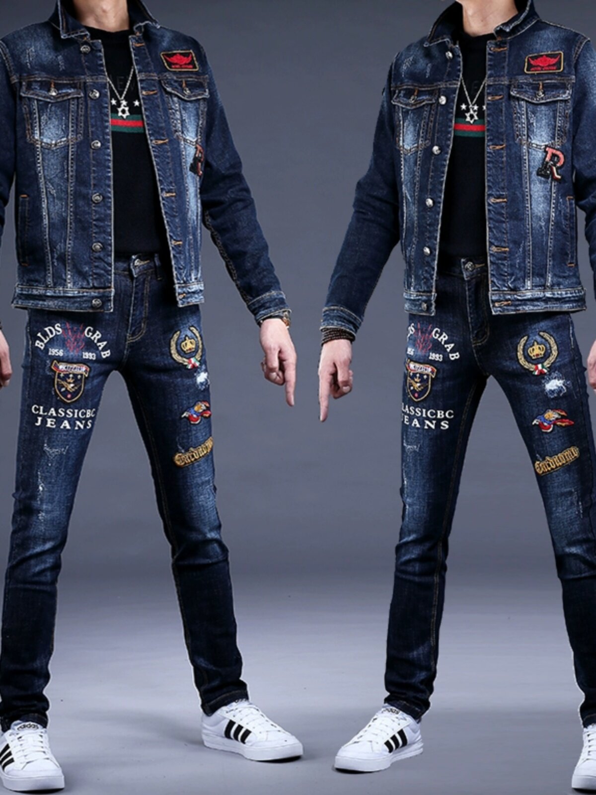 Veste et pantalon en jean brodés pour hommes