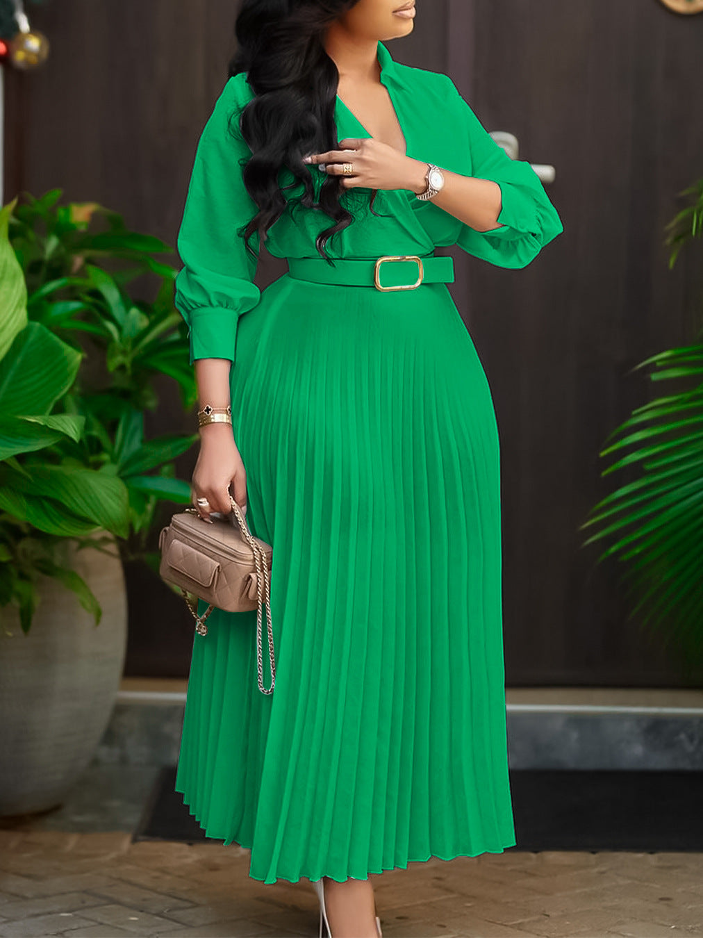Habit :Robe plissée à col en V pour femmes