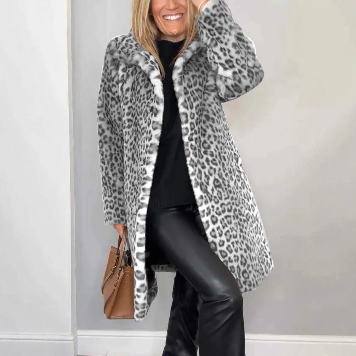 Manteau mi-long en peluche à imprimé léopard style western tendance automne/hiver