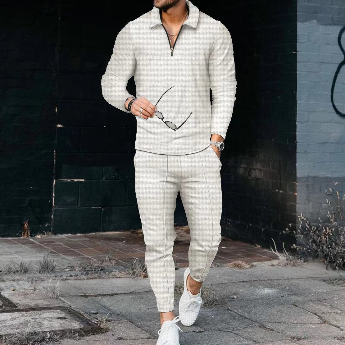 Polo à manches longues texturé pour hommes et pantalon
