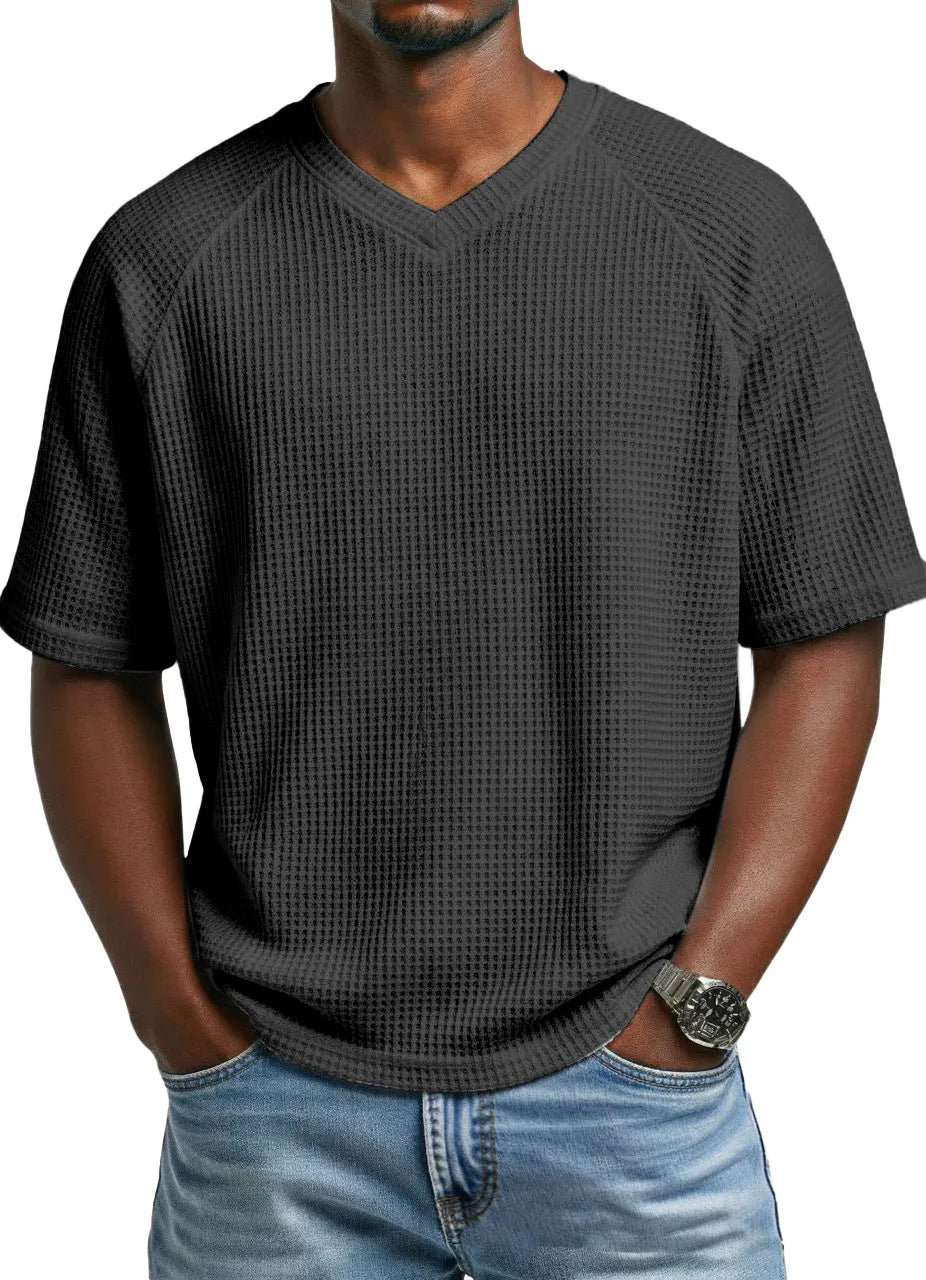 T-shirt pour hommes à col en V, manches courtes, tricoté et tendance