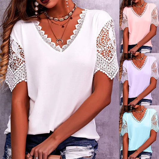 T-shirt pour femmes à col en V avec bordure en dentelle et manches courtes