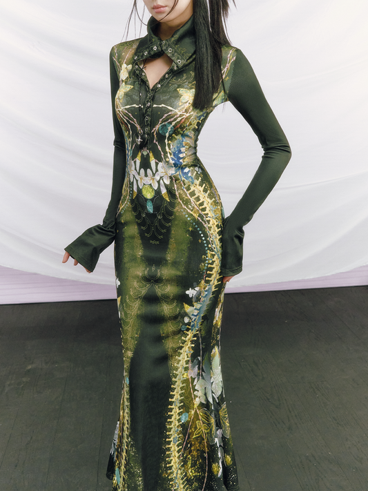 Robe queue de poisson tricotée imprimée