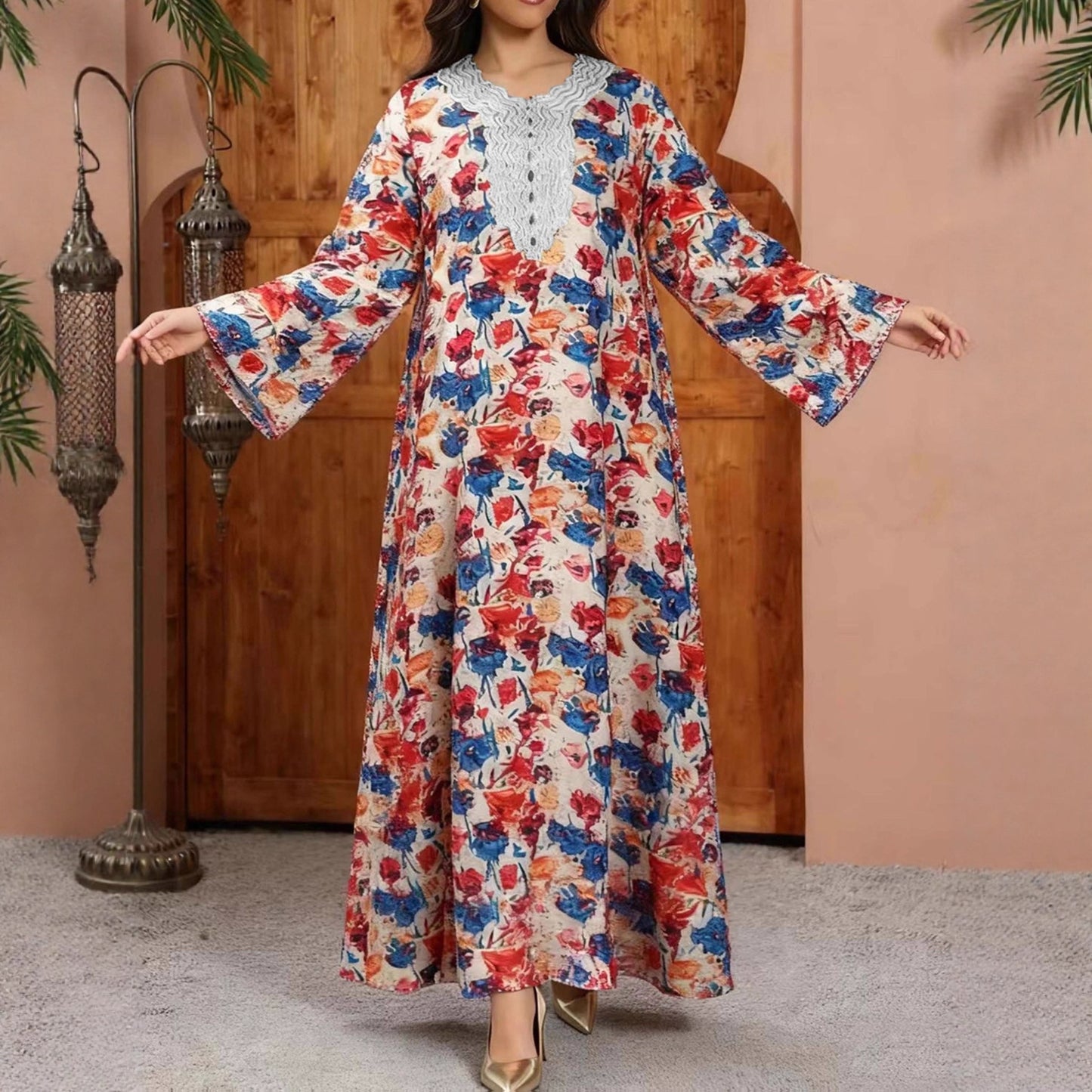 Robe a manches longues brodee a imprime geometrique retro