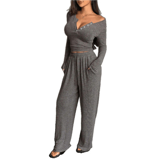 Pantalon pour femmes à manches longues avec boutons et col en V