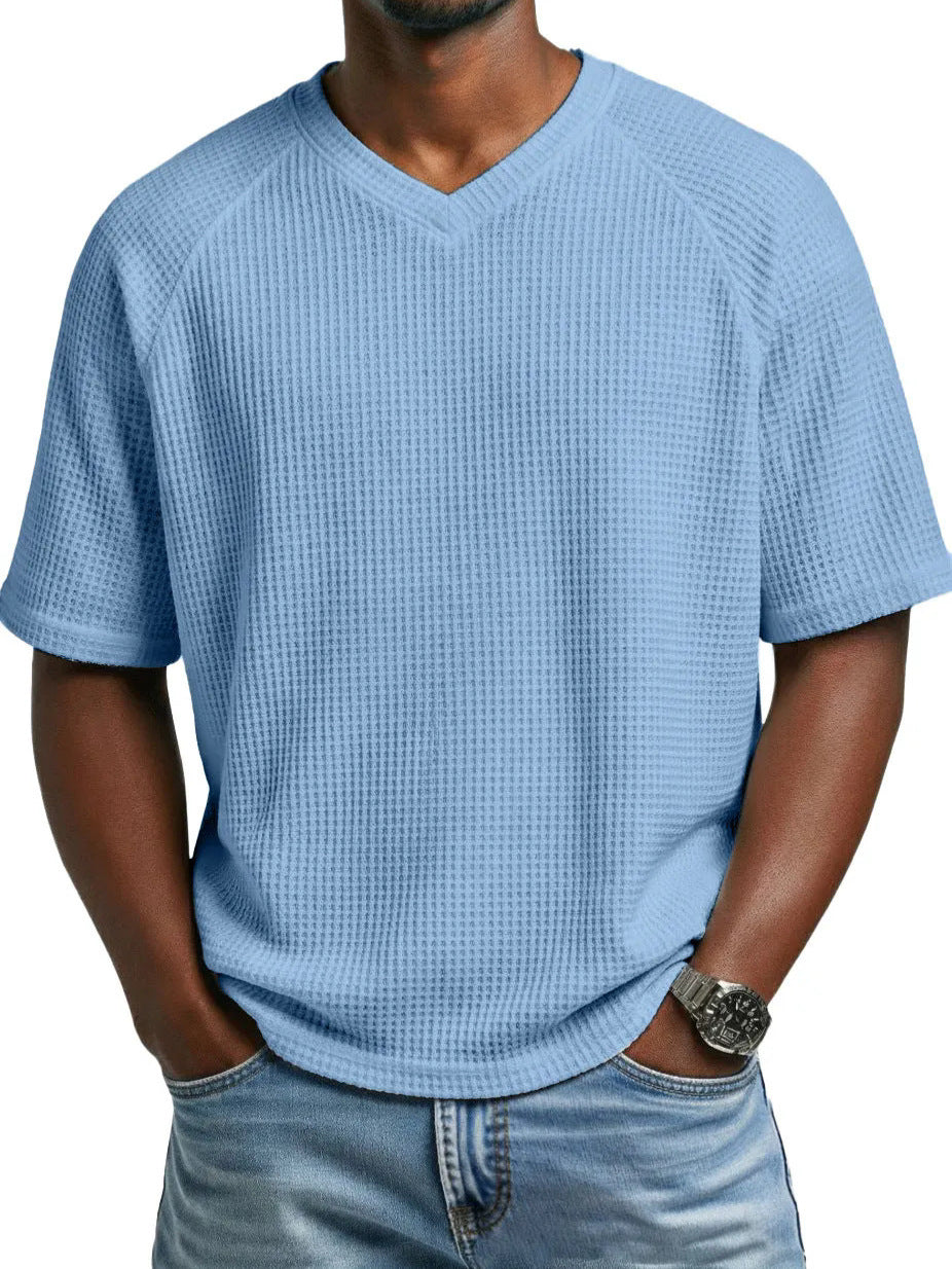T-shirt pour hommes à col en V, manches courtes, tricoté et tendance