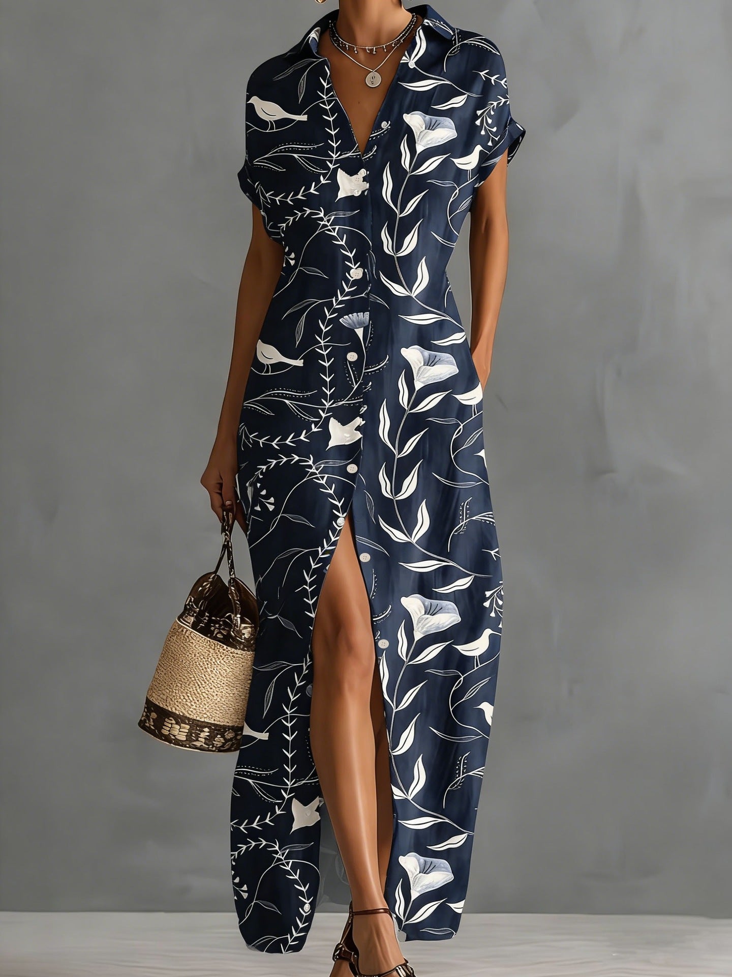 Robe chemise pour femmes à manches courtes avec col et imprimé géométrique