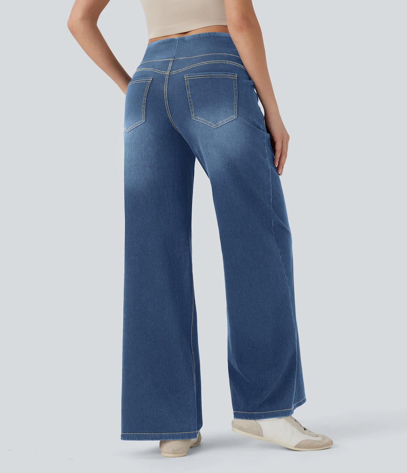 Pantalon en jean femme taille haute à jambes larges et élastique