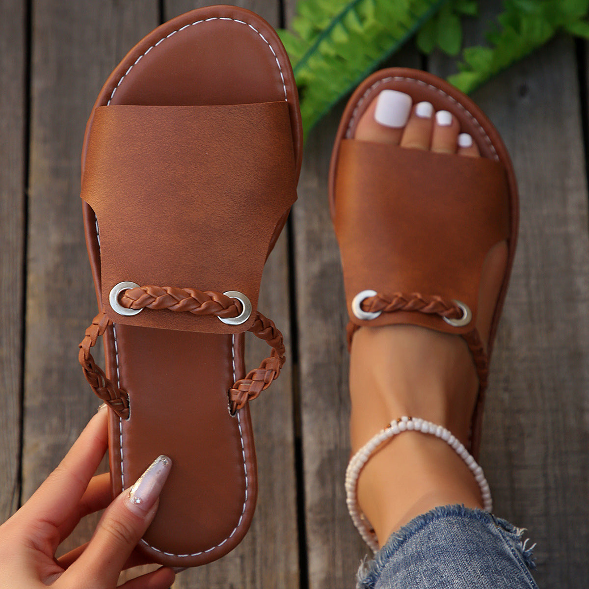 Sandales d'été simples pour femmes, tissées et de couleur unie
