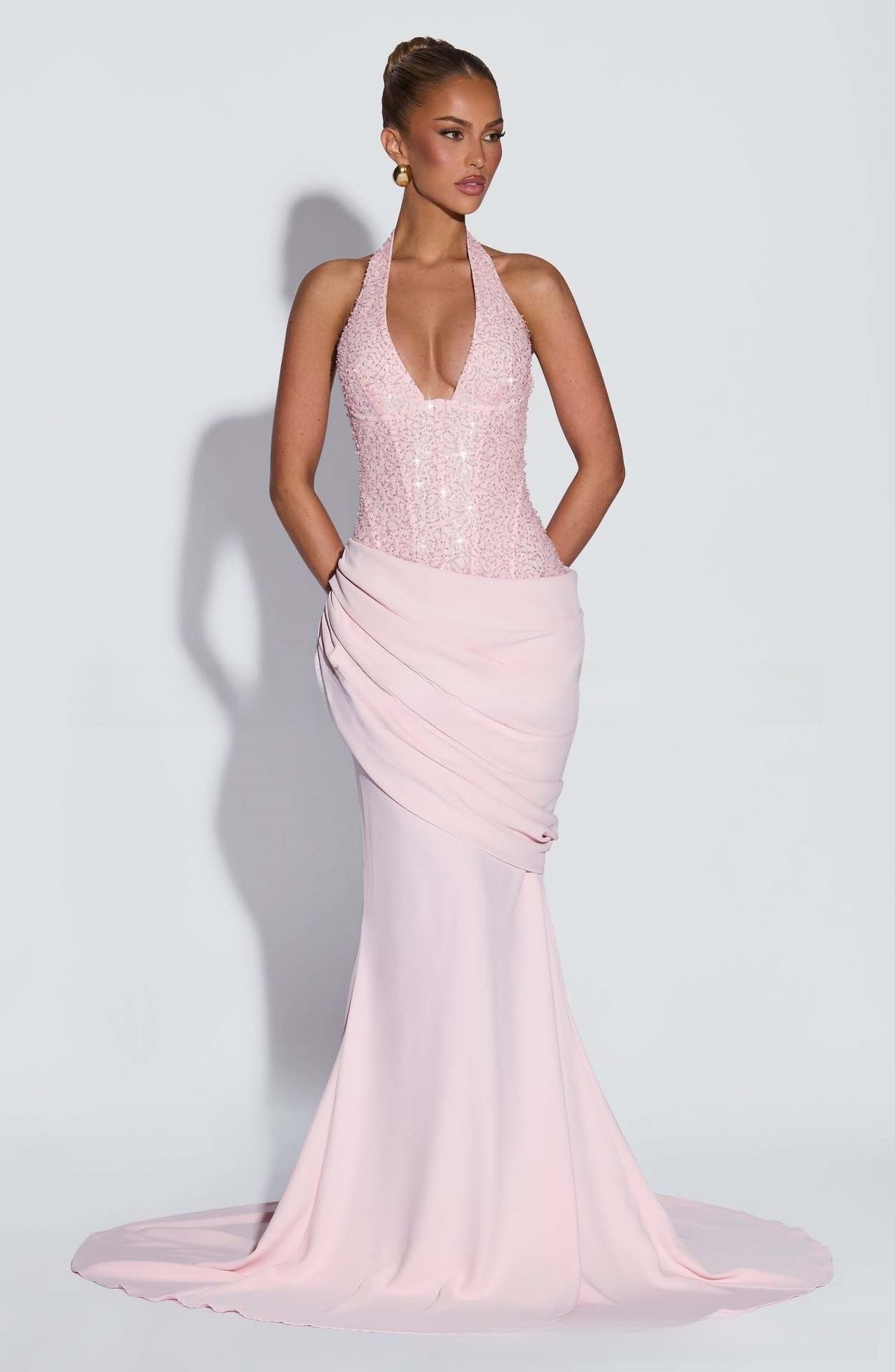 Robe de soirée sirène à col halter pour femmes