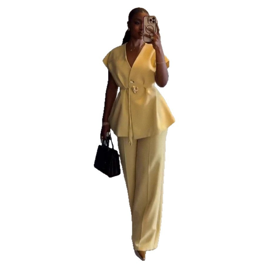Haut sans manches a col en V pour femme et pantalon a jambes larges