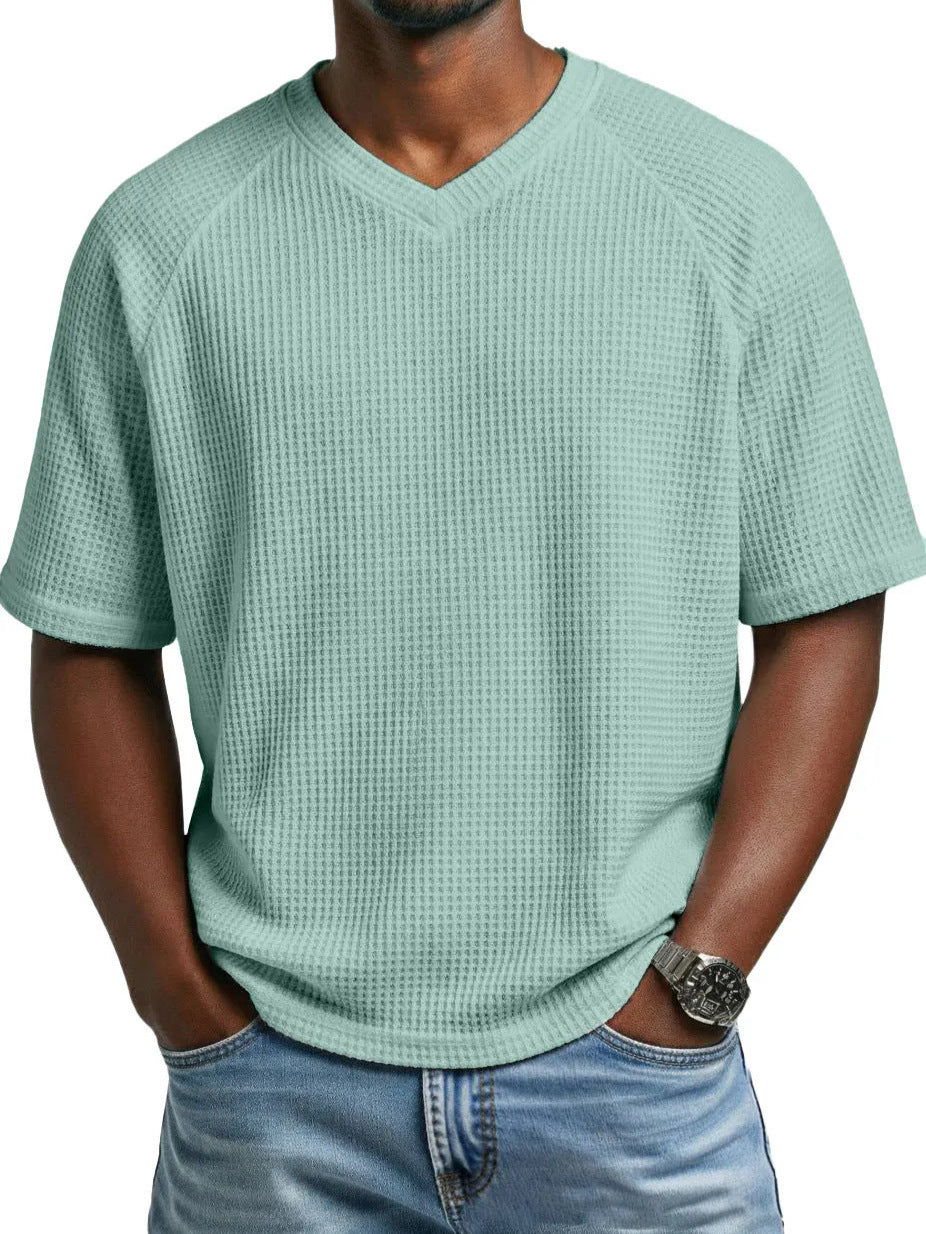 T-shirt pour hommes à col en V, manches courtes, tricoté et tendance