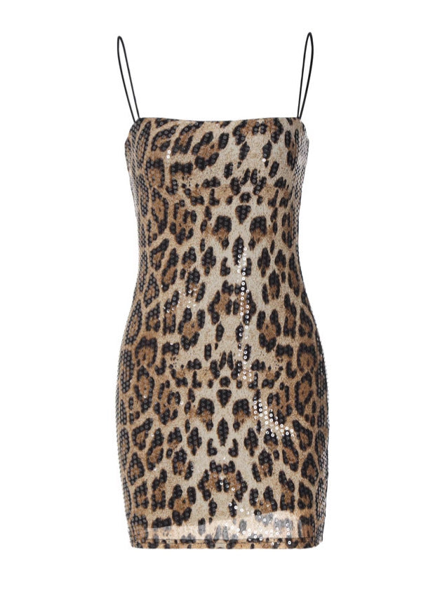 Robe moulante à sequins imprimé léopard