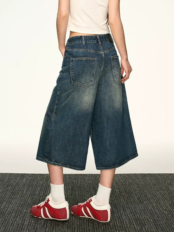 Pantalon court en jean large délavé vintage