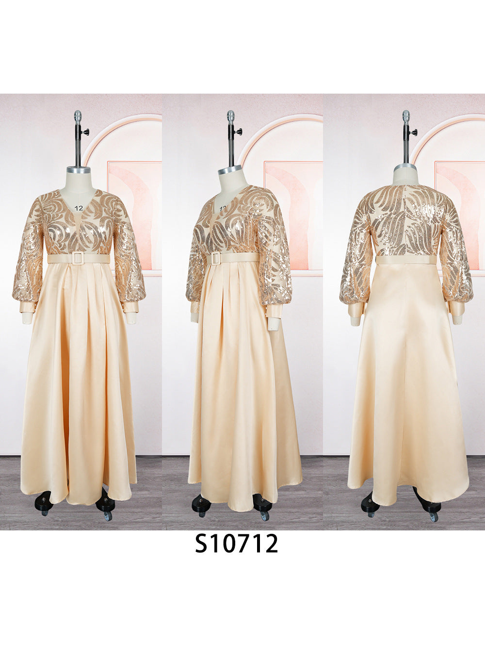 Habit :Robe longue grande taille pour femme, ornée de sequins et de dentelle, col en V.