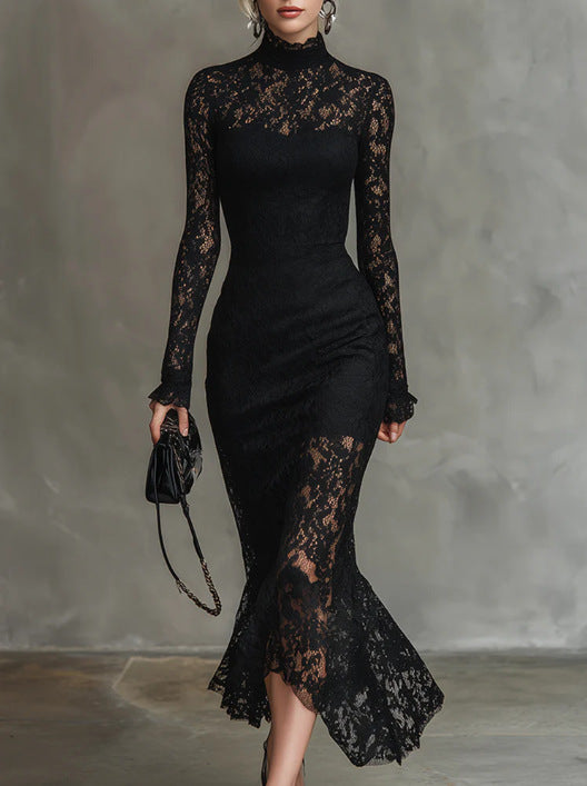 Robe sirène élégante en dentelle extensible noire