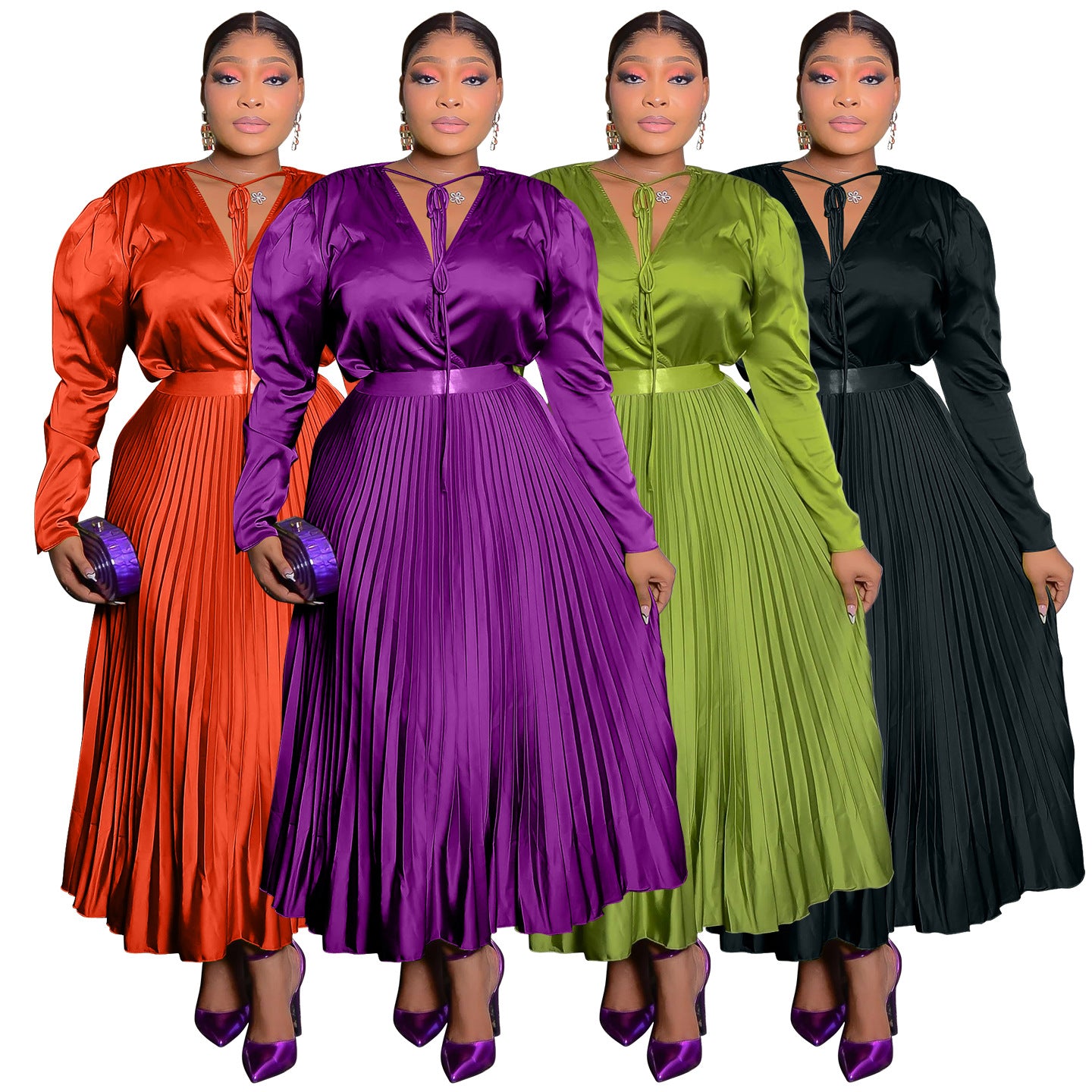 Habit :Ensemble jupe plissée à manches longues pour femme grande taille avec détails lacés