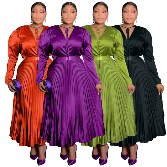 Habit :Ensemble jupe plissée à manches longues pour femme grande taille avec détails lacés