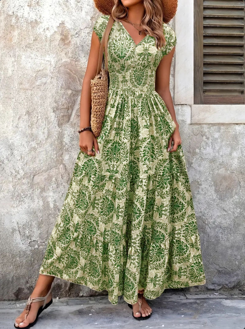 Robe rétro imprimée Robe élégante à manches courtes à col en V et à la mode