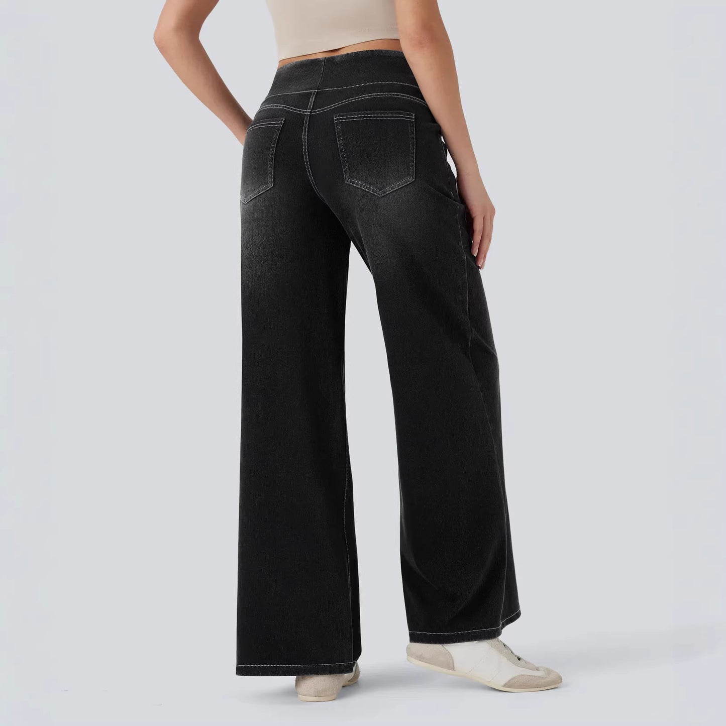 Pantalon en jean femme taille haute à jambes larges et élastique
