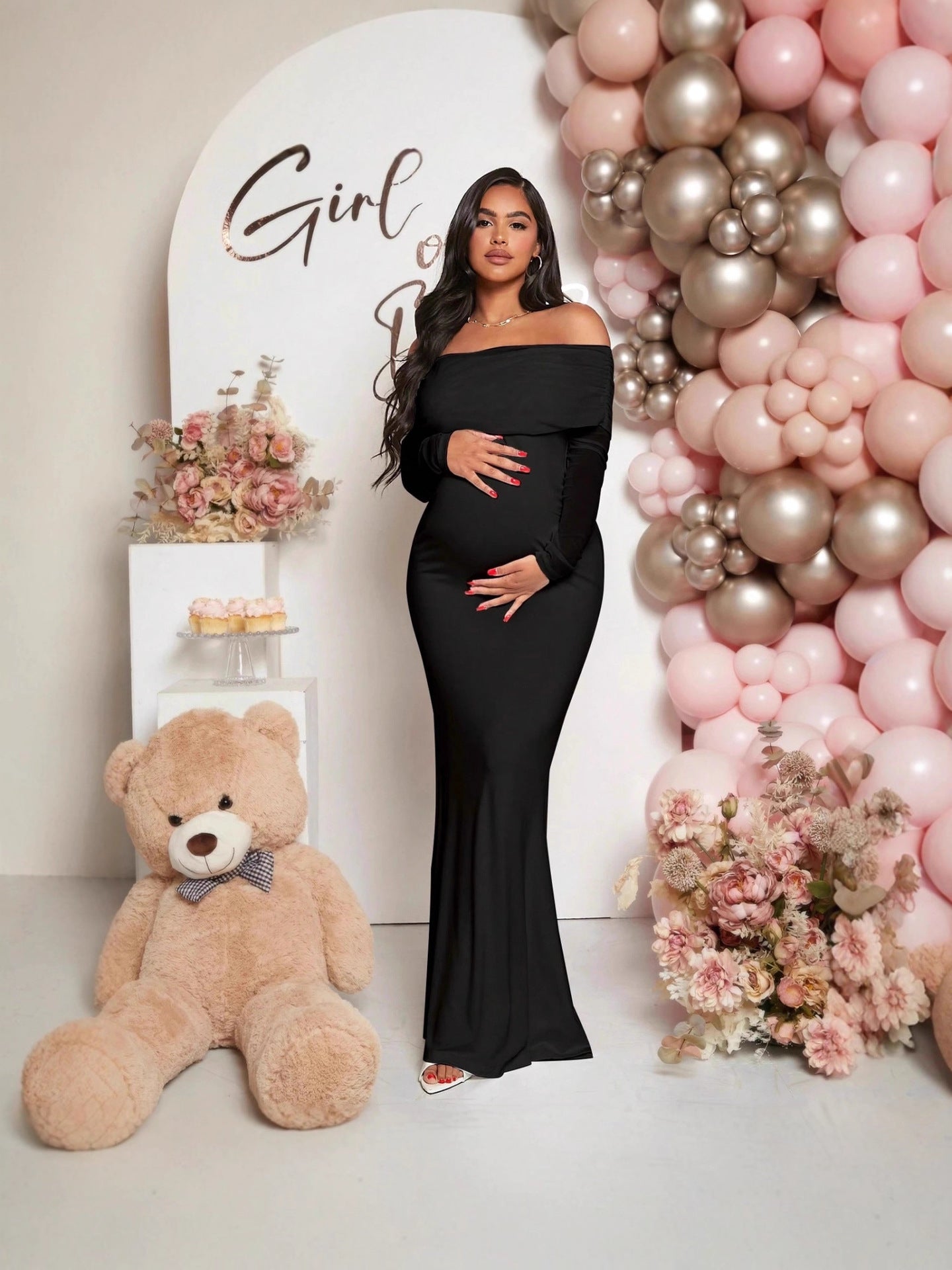 Robe grossesse style sirène à manches longues et épaules dénudées