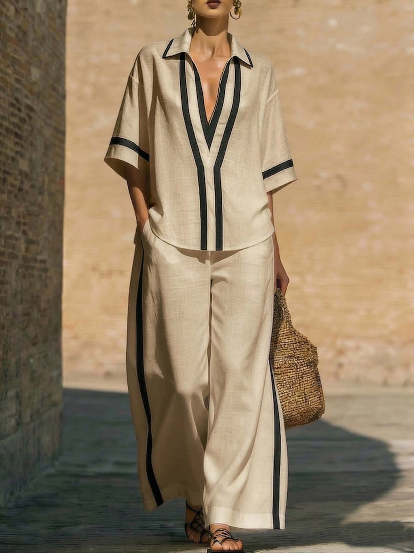 Ensemble chemise collage décontractée et pantalon à jambes larges