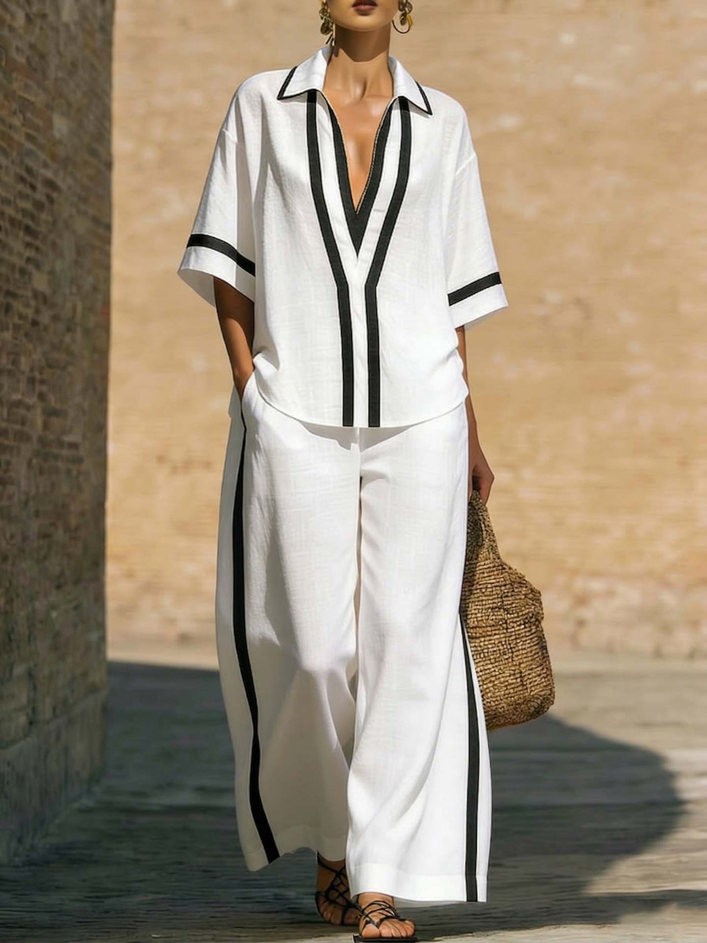 Ensemble chemise collage décontractée et pantalon à jambes larges