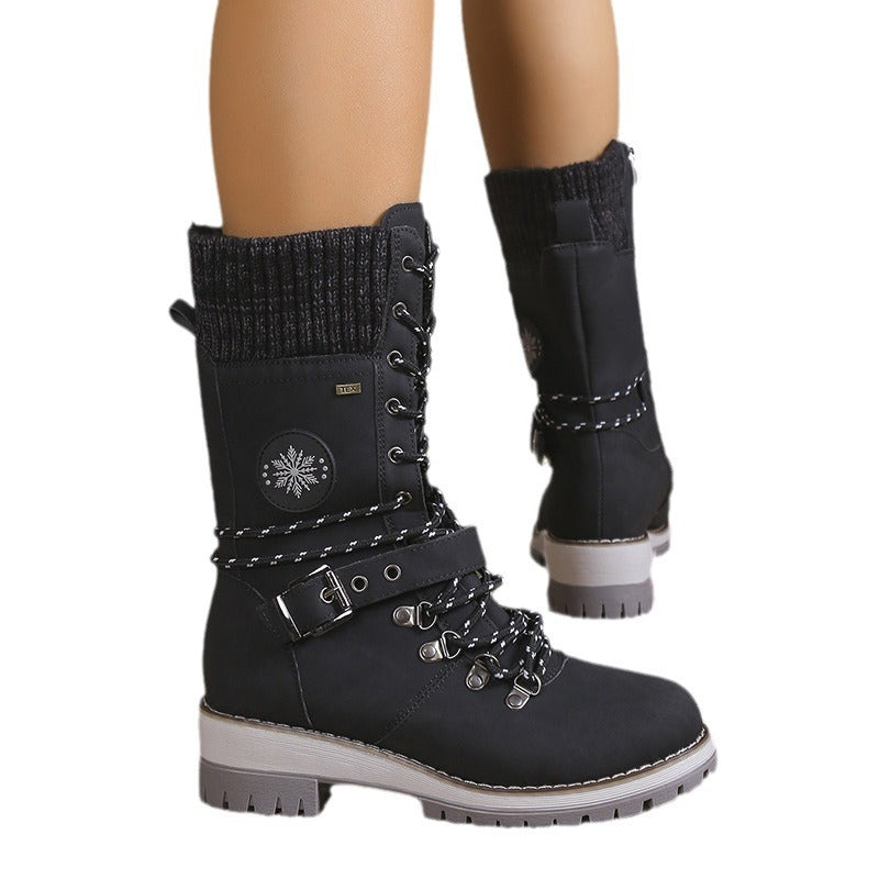 Bottes d'hiver pour femmes doublées de fourrure, chaudes, montantes, à lacets