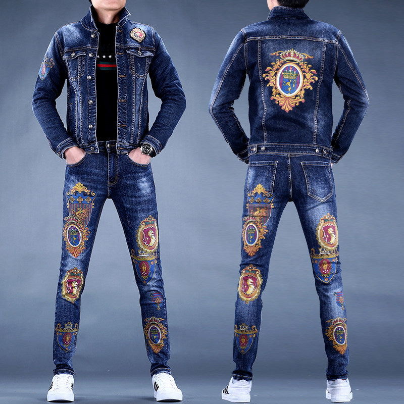Veste et pantalon en jean brodés pour hommes