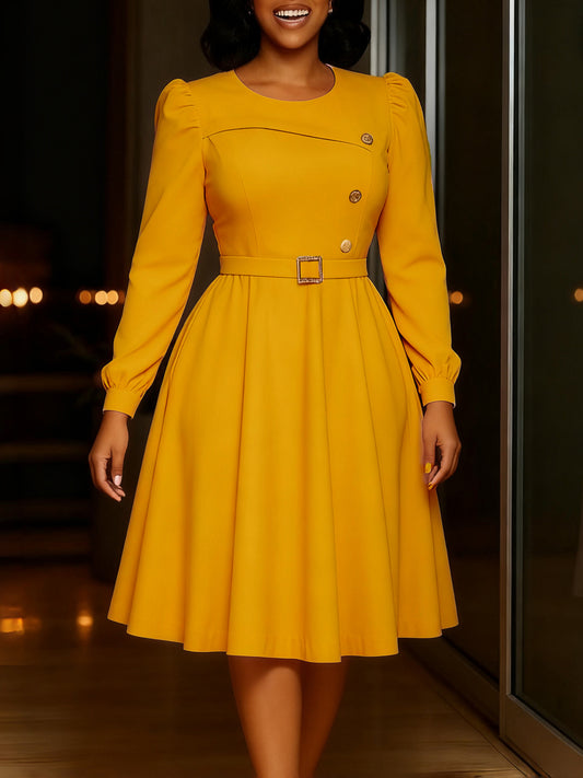 Habit :Robe élégante pour femme, col rond, manches longues, taille haute, coupe trapèze