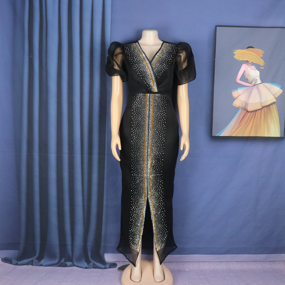 Habit :Robe à manches bouffantes en maille et strass pour femme