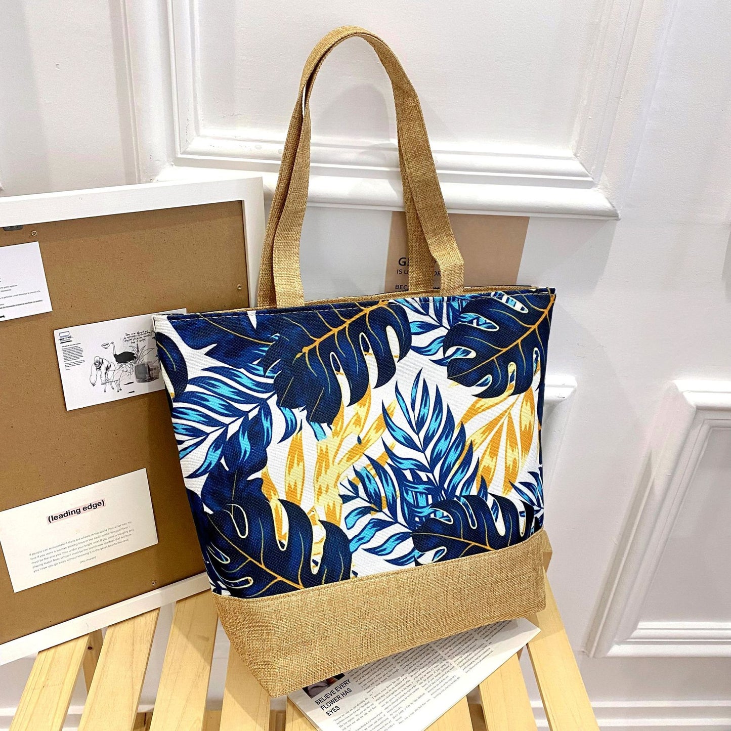 Sac fourre-tout artistique en coton et lin avec fermeture éclair