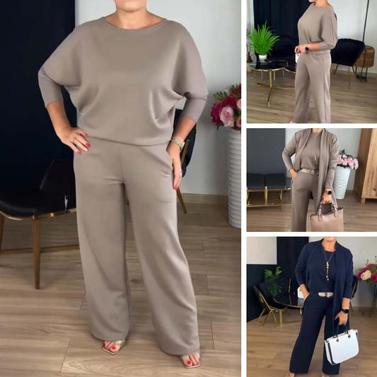 Ensemble pour femmes composé d'un haut à manches longues uni et d'un pantalon