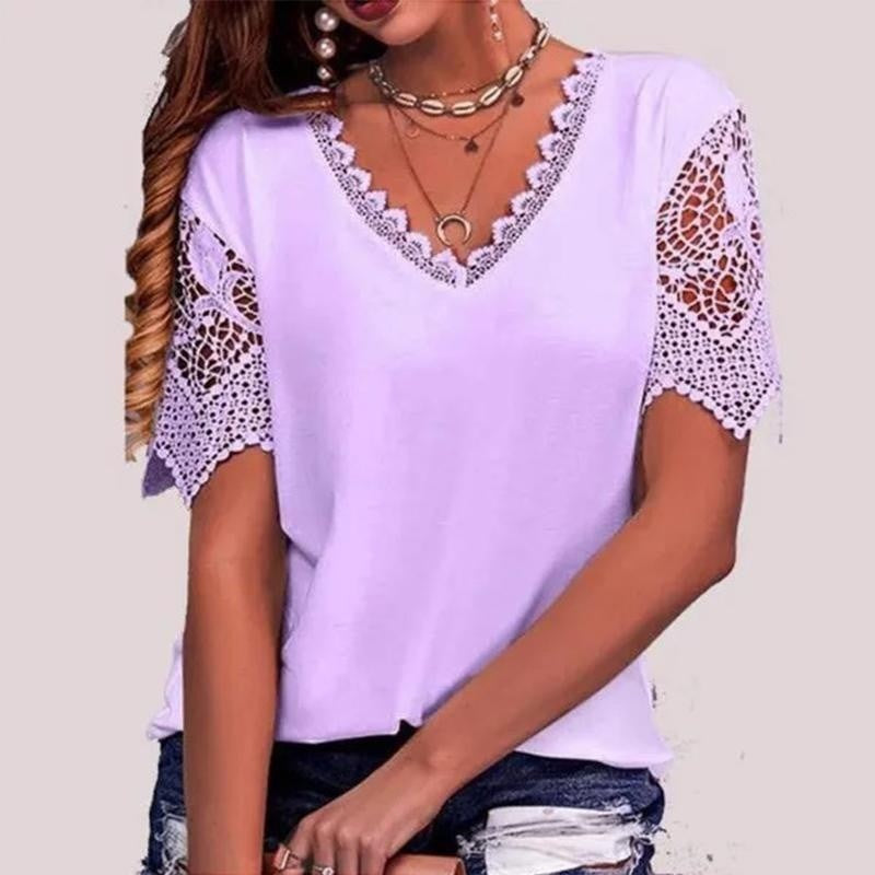 T-shirt pour femmes à col en V avec bordure en dentelle et manches courtes