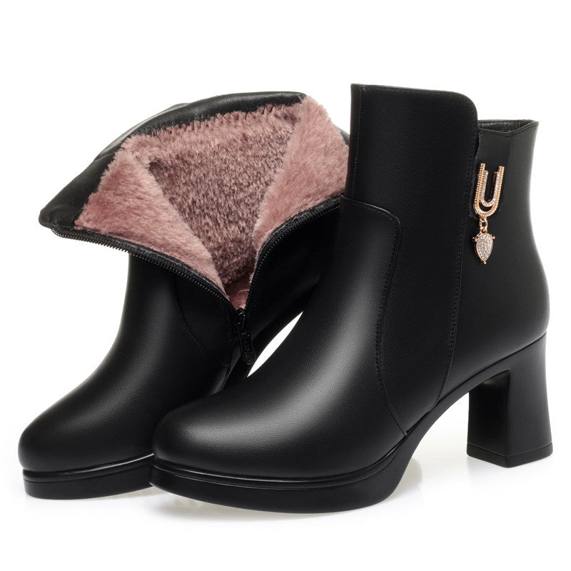 Bottes d'hiver à talons épais pour femmes avec doublure en peluche