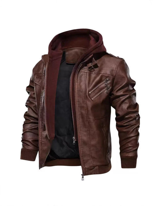 Veste à capuche avec col montant en cuir PU