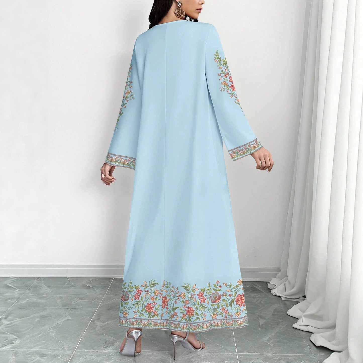 Robe longue à col en V avec imprimé floral