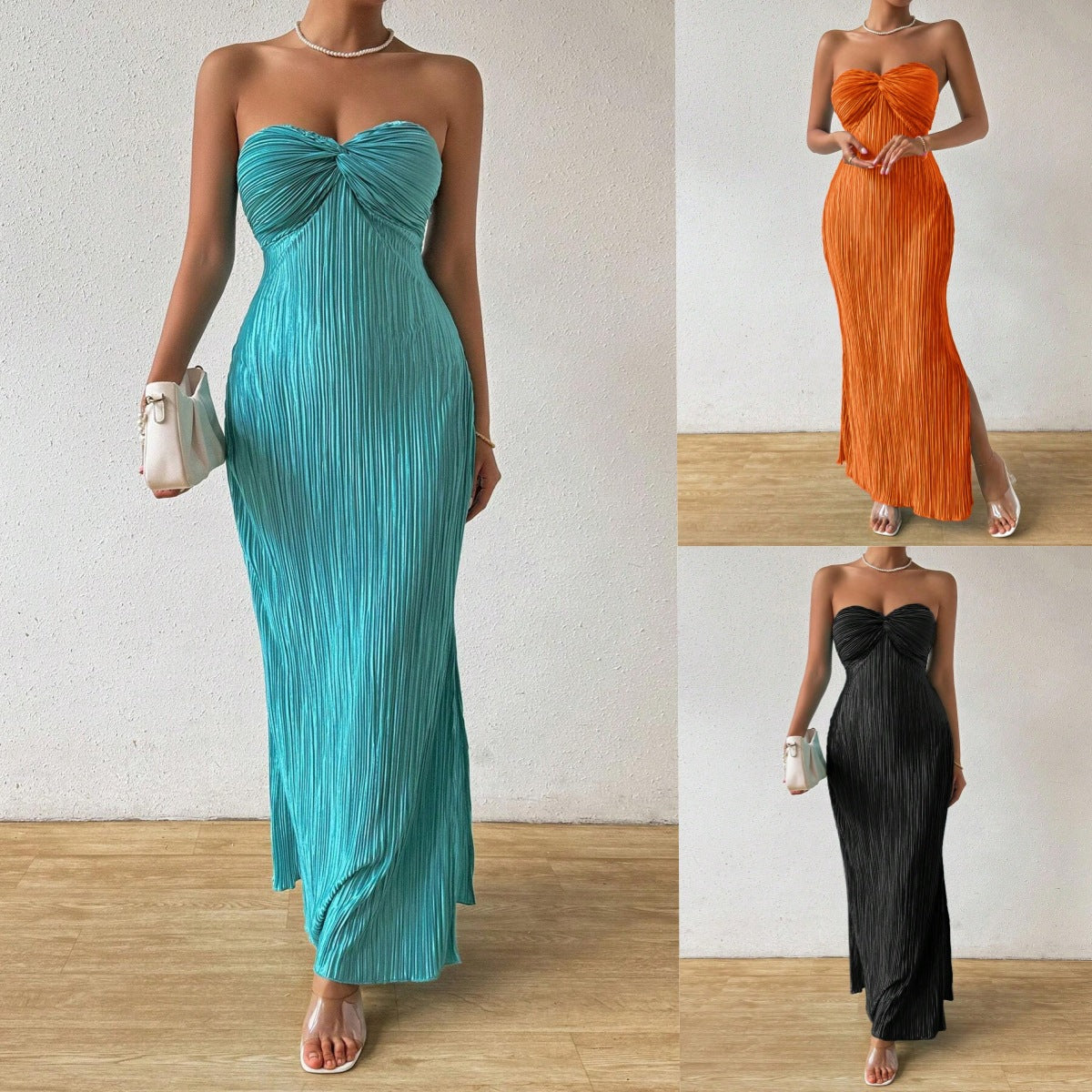 Robe longue plissee bustier avec detail noeud