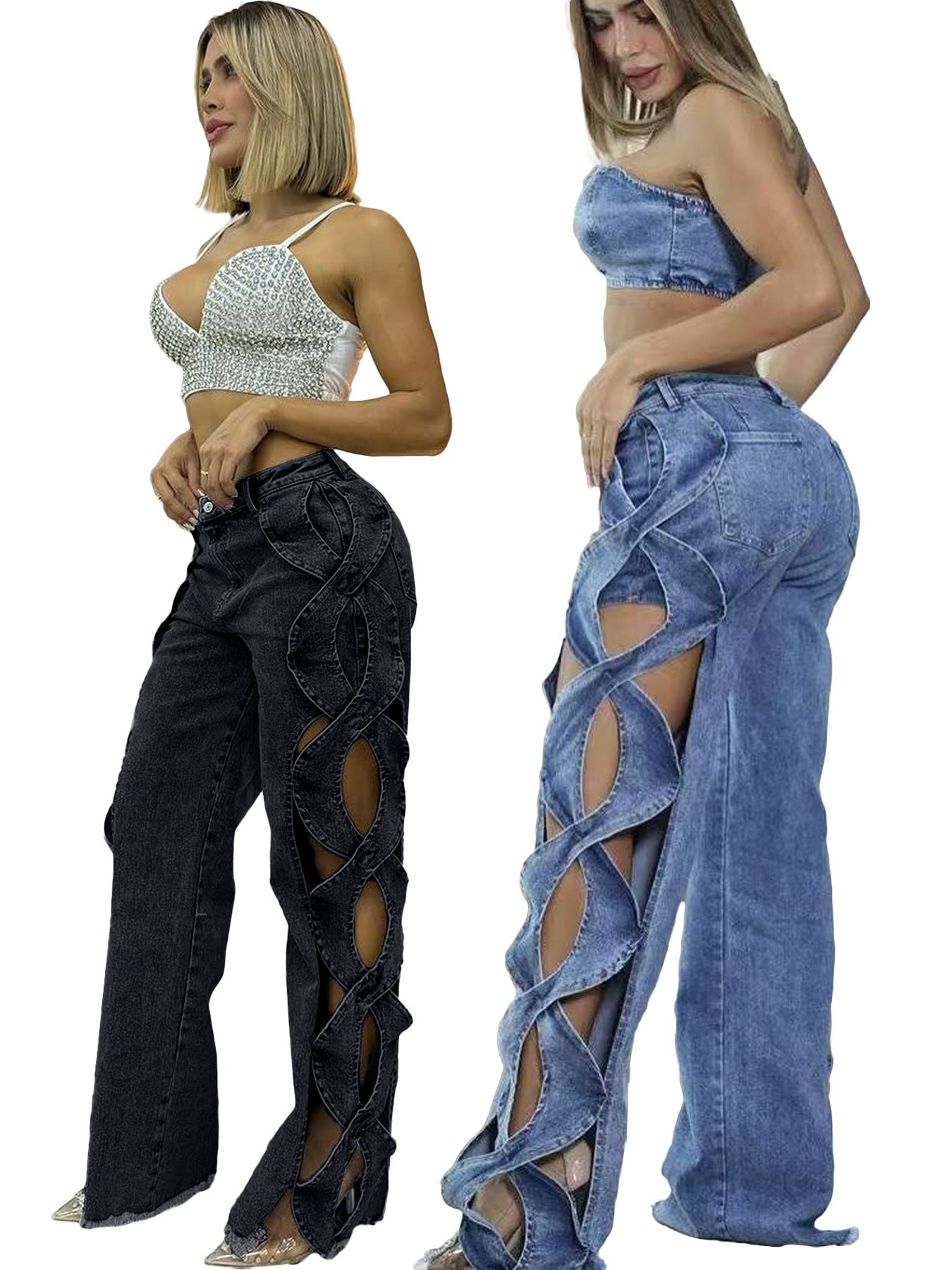 Pantalon en jean à patchwork pour femmes avec découpes