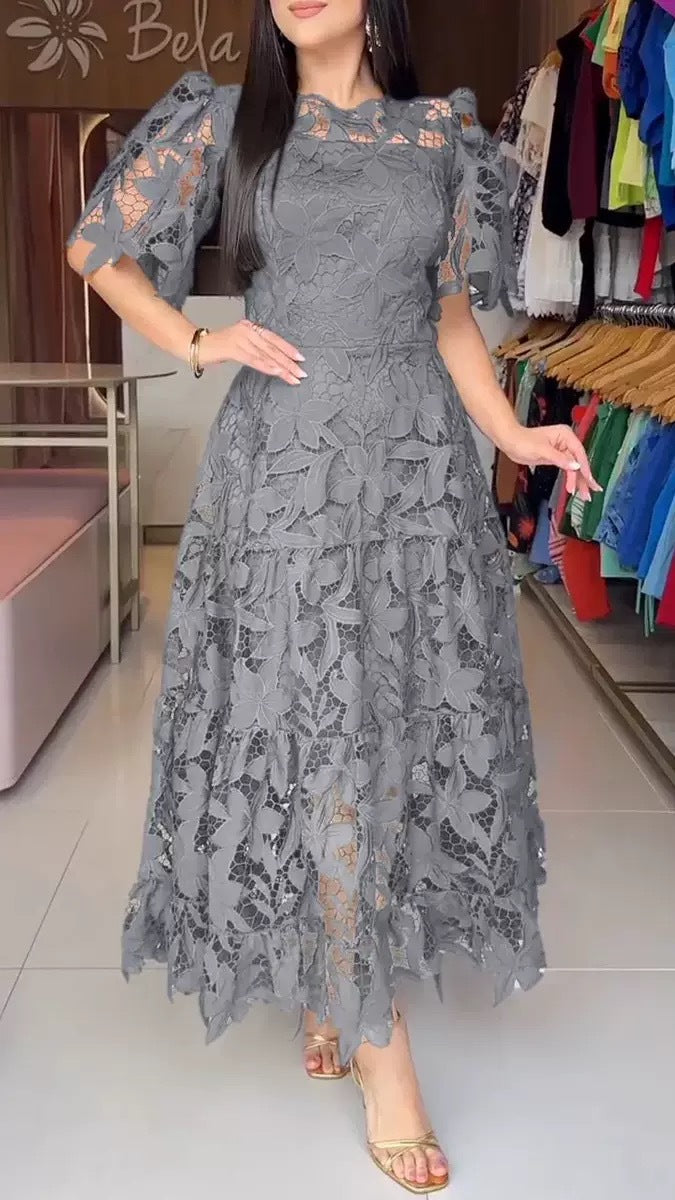 Robe d'été à dentelle ajourée, col rond, taille mi-haute