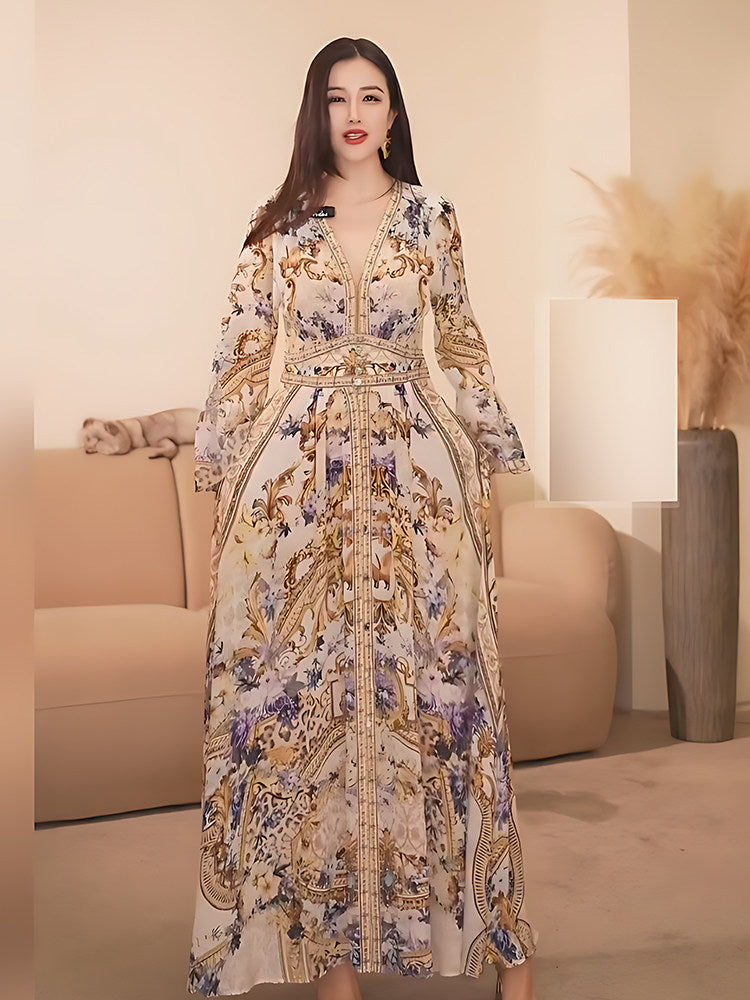 Élégante robe imprimée à manches longues avec col en V