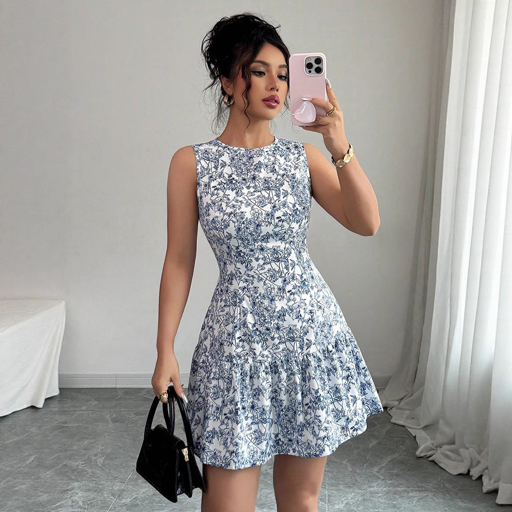 Robe à jupe en couche sans manches à imprimé floral