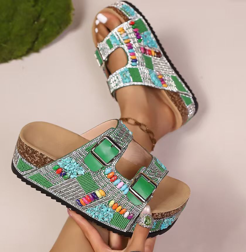 Sandales de plage à semelle épaisse avec boucle en strass