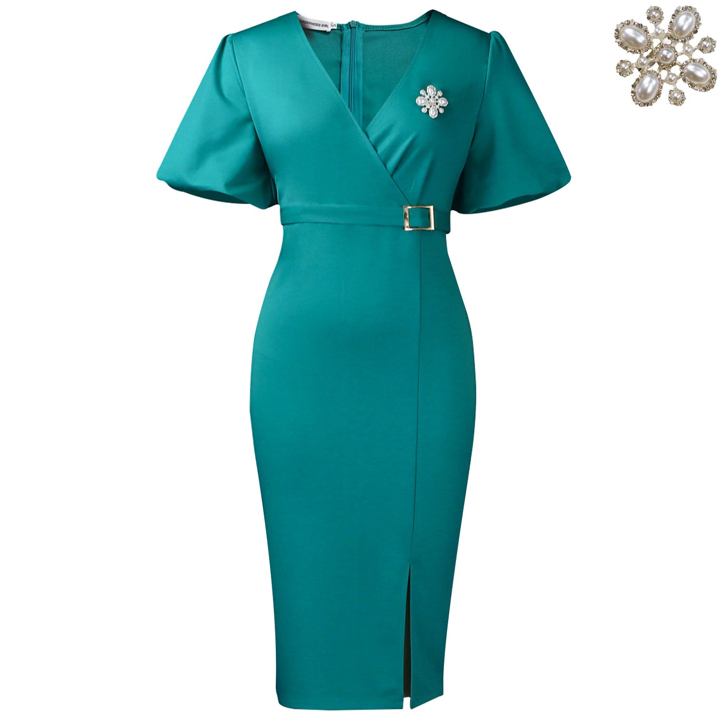 Robe à manches lanternes et col en V pour femme