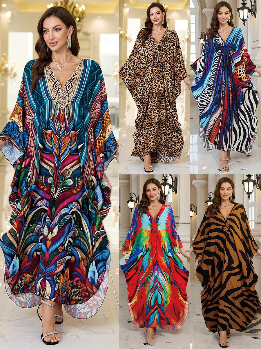 Robe longue de plage imprimée en coton pour femme, robe longue ample, paréo, vêtement de protection solaire