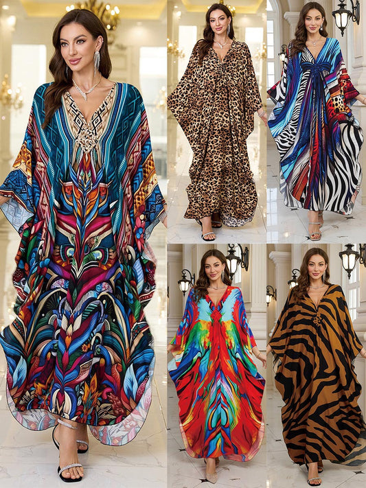 Robe longue de plage imprimée en coton pour femme, robe longue ample, paréo, vêtement de protection solaire