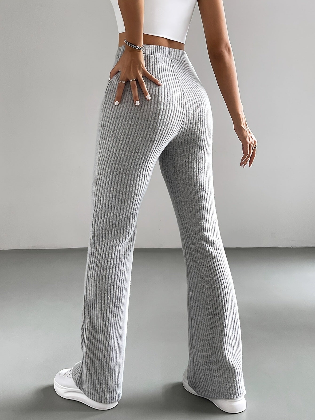 Pantalon évasé pour femmes, pantalon en tricot côtelé uni décontracté